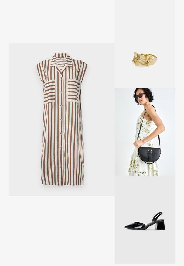 Balta pogu krekla kleita ar vertikālām brūnām svītrām. Iekļauj apkakli, īsas piedurknes un divas priekšpuses kabatas. Plūstošs audums.; Melna lakota āda ar atvērto papēdi, ar smailu purngalu un ģeometrisku blokpapēdi. Iezīmējas elegants, minimāls dizains un gluda tekstūra.; Melnas ādas rokassoma ar izliekta formu, noņemamu siksnu un zelta aksesuāriem. Somai ir vāciņš ar sprādzes detaļu.; Zelta gredzens ar teksturētu, viļņotu dizainu, kas rotāts ar trim izteiktām virsotnēm. Gluda, spīdīga virsma ar atvērtu joslu, lai to varētu pielāgot.