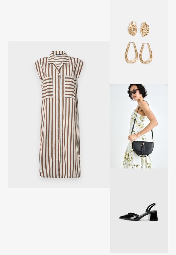 Fehér ingruha függőleges barna csíkokkal. Gallérral, rövid ujjal és két elülső zsebbel rendelkezik. Lebegő anyag.; Fekete lakk bőr szandálkés magas sarkú cipő, hegyes orral és geometrikus tömbsarkakkal. Karcsú, minimalista dizájn és sima textúra jellemzi.; Fekete bőrtáska ívelt formával, levehető pánttal és arany színű fémrészekkel. A táskán egy csattal díszített fedél található.; Aranyszínű fülbevalók, texturált, hullámos formákkal. Tartalmazza a szobrászati klipszes studokat és az open hoop kialakítást, kalapácsos felülettel.