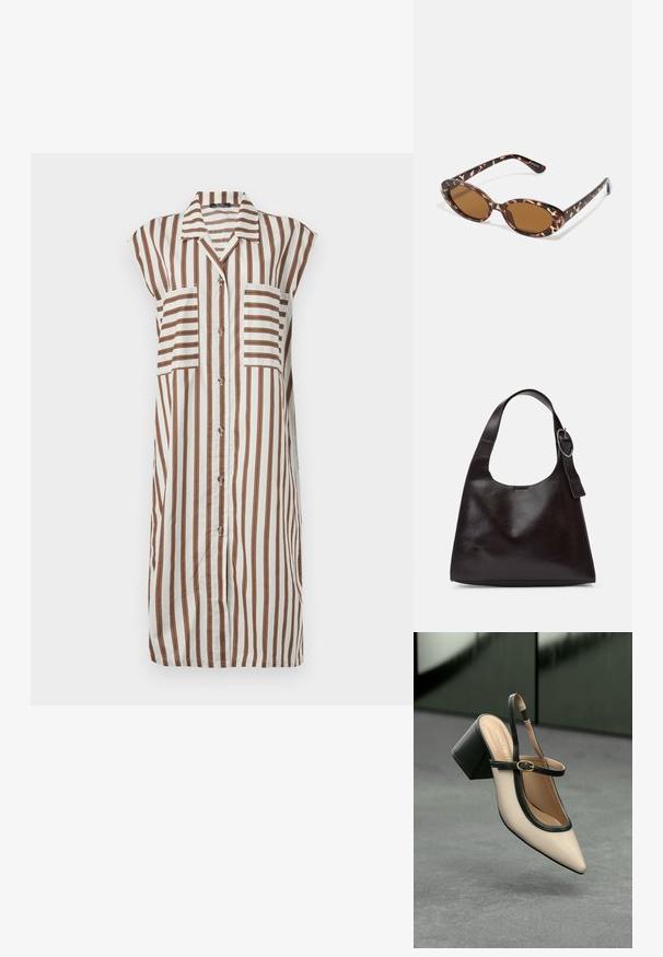 Rochie cămașă albă cu dungi verticale maro. Dispune de guler, mâneci scurte și două buzunare frontale. Material fluid.; Pantof divers în nuanță bej, cu vârf ascuțit, curea de susținere în spate, cu margine neagră, cataramă aurie și toc gros pe un podea gri, cu un fundal verde închis.; Ochelari de soare cu mâneri tortoise, cu lentile ovale, cu nuanță maro, brațe subțiri ce au un model texturat, cadru din plastic ușor.; Geantă de umăr din piele maro, cu o textură netedă, formă rotunjită, curea largă și un accent metallic circular pe mânere.