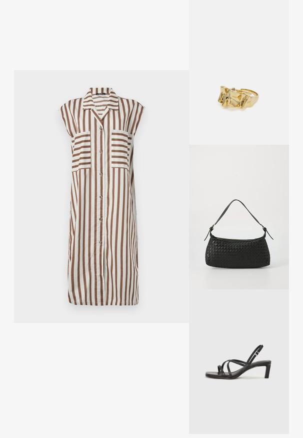 Valge nööbid üles särgkleit, millel on vertikaalsed pruunid triibud. Omab kraed, lühikesi varrukaid ja kahte esi-taskut. Voolav kangas.; Mustast rihmajalatsid ruudukujulise varba ja madala ploki kontsaga. Omab mitmeid õhukesi rihmasid ja reguleeritavat pahkluu rihma. Valmistatud siledast nahast.; Must mustriga õlakott sujuvate nahkliistude ja tõmblukuga. Omab tekstuurset pinda ja kaarjat kuju.; Kuldne sõrmus tekstureeritud, lainelise disainiga, millel on kolm silmapaistvat tippu. Sile, läikiv pind ja avatud riba, mis võimaldab reguleeritavat sobivust.