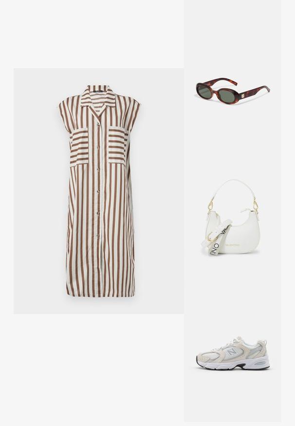 Valkoinen napitusmekko, jossa on pystysuorat ruskeat raidat. Varustettu kauluksella, lyhyillä hihoilla ja kahdella etutaskulla. Ohut ja valuva kangas.; Urheilusandaalit, joissa on vaaleanharmaa verkkopäällinen nahkapainatuksilla, valkoiset nauhat ja musta kumipohja. Huomiota herättävä ABZORB-vuorauksen yksityiskohta.; Kilpikonnakuoriset aurinkolasit, joissa on tummat linssit, soikea muoto ja leveät sankat. Sivussa on pieni kultainen yksityiskohta. Sujuva muovimateriaali.; Valkoinen käsilaukku kaarevalla siluetilla, teksturoitua nahkaa, kultaisia yksityiskohtia ja irrotettava olkahihna, jossa on logo ja solkiyksityiskohta.