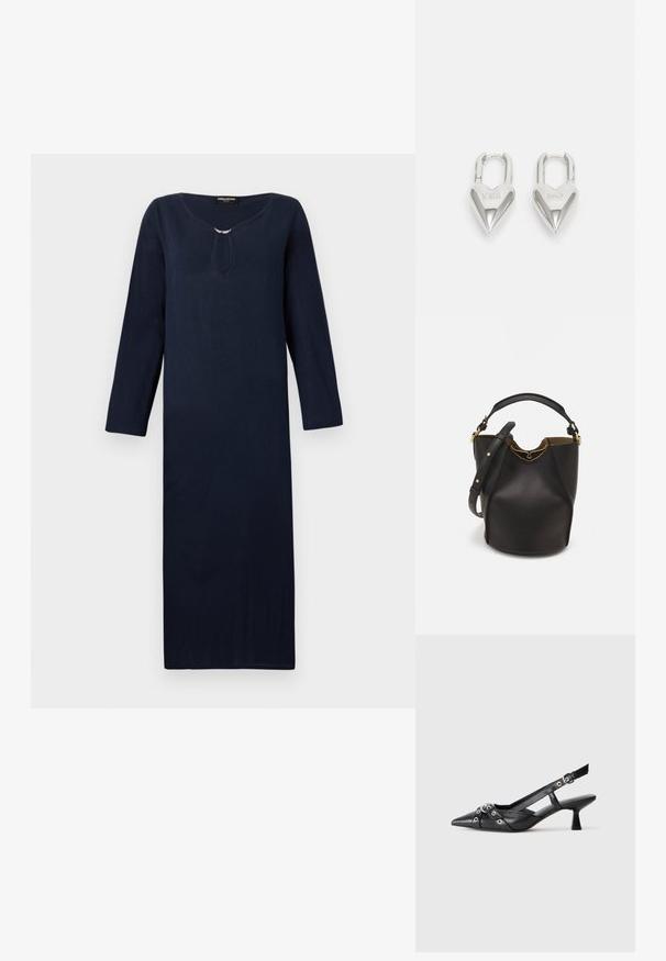 Hosszú, tengerészkék ruha, kerek nyakkivágással, háromnegyedes ujjakkal és díszes ezüst kiegészítővel a nyaknál. Texturált anyagból készült.; Fekete bőr slingback cipő hegyes orral, dekoratív pántokkal, fém szemekkel és alacsony blokk sarkú. Texturált felület.; Fekete bőr vödör táska texturált felülettel, arany hardware részletekkel és nyitott tetejével. Rövid fogantyúval és állítható vállpánttal rendelkezik.; Ezüst szív alakú lakatok, amelyeken vésett "IGEN" és "NEM" feliratok találhatók, polírozott felület, szimmetrikus kialakítás és robusztus fémcsat.