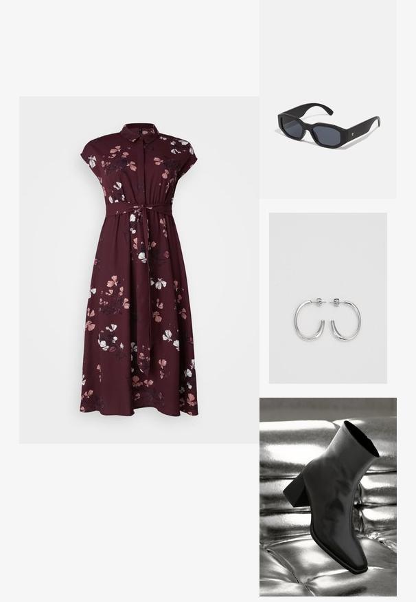 Vero Moda Curve VMNEWHALLIE LONG DRESS - Robe longue - winetasting; Botte noire à la cheville en matériau brillant avec un bout carré et un talon effilé, sur un fond argenté brillant et capitonné.; Lunettes de soleil noires avec des montures rectangulaires, finition mate, verres sombres et branches légèrement courbées. Détail logo subtil sur une branche.; Boucles d'oreilles créoles en argent avec une surface lisse et brillante, présentant une forme incurvée et une fermeture à tige. Design minimaliste avec une finition moderne.