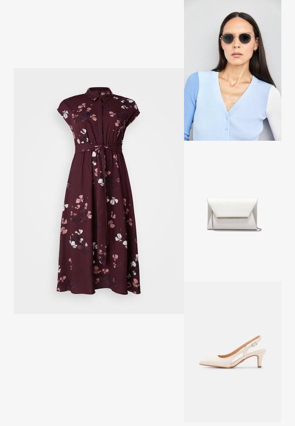 Vero Moda Curve VMNEWHALLIE LONG DRESS - Maxi ruha - winetasting; Fehér slingback sarok, hegyes orral, sima felső anyaggal, alacsony blokk sarkával és oldalsó kivágott dizájnnal, állítható csatpánttal.; Kerek napszemüveg sötét lencsékkel és arany kerettel. A modellen világoskék, bordázott kardigán van gombokkal és kontrasztos fehér ujjaival.; Fehér boríték alakú táska sima bőrből, ezüst lánc pánttal, és fényes díszítő rúddal az elején. Minimalista dizájn és háromszögletű forma.