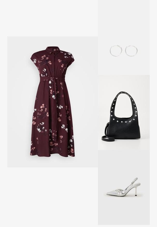 Vero Moda Curve VMNEWHALLIE LONG DRESS - Maksi suknelė - winetasting; Sidabriniai slingback aukštakulniai batai su smailia pavadinimu, metaliniu paviršiumi, dviem dekoratyvinėmis juostelėmis ir lieknu kulnu su juodu galiuku.; Juodas tekstūruotas odinis rankinukas su sidabriniais deimantais viršutiniame krašte ir ant rankenų, turintis trumpą rankeną ir nuimamą diržą.; Sidabrinės auskarai žiedai su sėslia, apvalia forma, pasižymintys lygia paviršiumi ir be matomų puošmenų. Svoris nenurodytas.