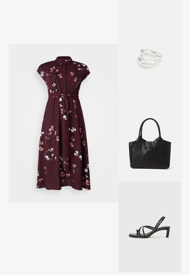 Vero Moda Curve VMNEWHALLIE LONG DRESS - Dolga obleka - winetasting; Črne natikače s trakovi in kvadratnim prstom ter nizkim blokastim peto. Imajo več tankih trakov in nastavljiv trak okoli gležnja. Narejene so iz gladkega usnja.; Črna usnjena torba s gladko teksturo, strukturirano obliko, dvema ročkama in izrazitim srebrnim sponko na sprednji strani.; Srebrn dvojni prstan z gladko, polirano površino. Ima tekoč, ukrivljen dizajn z prekrivajočimi se sekcijami za sodoben videz.