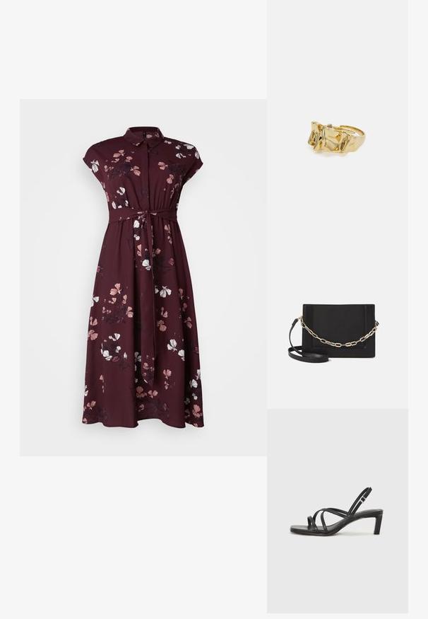 Vero Moda Curve VMNEWHALLIE LONG DRESS - Vestito lungo - winetasting; Sandalo nero con cinturini, dalla punta squadrata e tacco basso a blocco. Presenta diversi cinturini sottili e una cinturini regolabile alla caviglia. Realizzato in pelle liscia.; Borsa a tracolla nera in pelle con una texture liscia, forma rettangolare e dettaglio in catena metallica sul davanti. Inclusa una tracolla regolabile.; Anello d'oro con design testurizzato e ondulato, caratterizzato da tre picchi prominenti. Superficie liscia e lucida con una fascia aperta per una vestibilità regolabile.