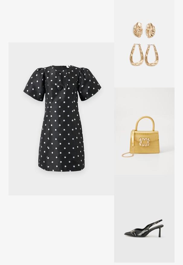 Vestido preto com mangas curtas bufantes, bolinhas brancas e dois laços frontais. Feito de tecido suave com decote redondo e fecho de correr.; Sapato slingback preto em pele patentada com bico apontado, tiras no tornozelo apresentando fivelas e acessórios prateados, e um salto elegante.; Bolsa amarela em pele de crocodilo falsa, com um design estruturado, pega no topo, alça de corrente removível e decoração de cristal no fecho.; Brincos em tom de ouro com formas onduladas e texturizadas. Inclui studs escultóricos com presilha e um design de argola aberta com um acabamento martelado.