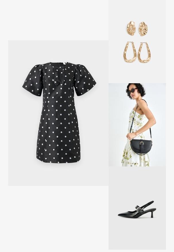 Črna obleka s kratkimi naborki, belimi pikami in dvema sprednjima metuljčkoma. Narejena iz gladkega blaga z okroglim izrezom in zadrgo.; Črne patent usnjene slingback pete s koničastim nosom in majhnim blok peto, ki vključujejo srebrno zaponko na traku.; Črna usnjena torbica s ukrivljeno obliko, z odstranljivo naramnico in zlatimi dodatki. Torbica ima pokrov s podrobnostmi v obliki zaponke.; Zlato obarvani uhani z teksturiranimi, valovitimi oblikami. Vključujejo skulpturalne sponke za ušesa in odprto obliko obročka s kladivastim finišem.