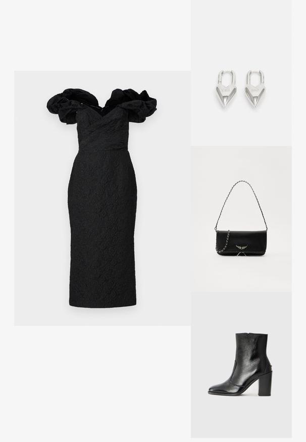 Marchesa Notte Svečana odjeća - black; Crna kožna čizma do gležnjeva s glatkom teksturom, špicastim vrhom i debelim visokim potpeticama. Ima bočni otvor i minimalistički dizajn.; Crna kožna torba s srebrnim lanac strapom, s dekorativnim krilnim naglascima i bijelim šavovima duž donjeg šava.; Srebrni padlockovi u obliku srca s ugraviranim tekstovima "DA" i "NE", s poliranim završnim obradama, simetričnim dizajnom i robusnim metalnim kopčanjem.