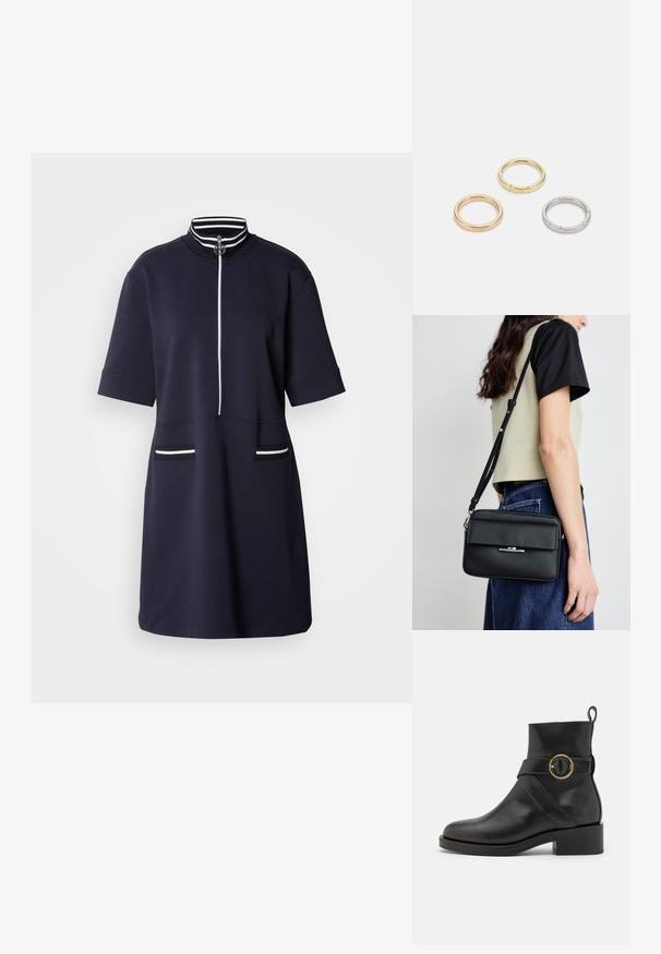 Robe bleu marine à manches courtes avec un col montant et une fermeture éclair à l'avant. Présente des accents à rayures blanches sur le col et deux poches avant.; BOSS IRYNA BOOTIE - Bottines à plateau - black; Calvin Klein LINEAR CAMERA BAG - Sac bandoulière - black; Trois anneaux en métal : un en or rose, un en or avec des accents texturés, et un en argent, tous avec une gravure de marque à l'intérieur de la bande.