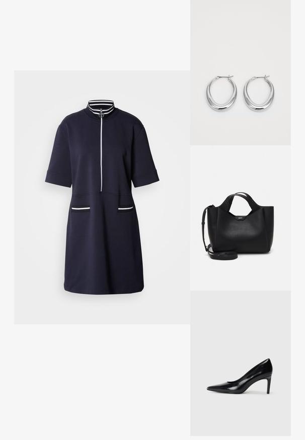 Rochie marină cu mânecă scurtă, guler înalt și fermoar frontale. Prezintă accente albe cu dungi pe guler și două buzunare frontale.; Pantof de damă din piele neagră, cu toc înalt, vârf ascuțit, textură fină și toc conic. Design minimalist, fără embellishments suplimentare.; Geantă de mână din piele neagră cu finisaj texturat, formă unghiulară, două mânere și o curea de umăr reglabilă. Include un accent cu logo-ul DKNY.; O pereche de cercei din argint lucios în formă de semilună, cu închideri articulate, pe un fundal alb.