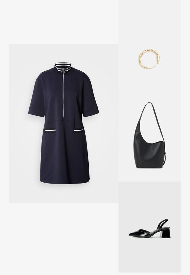 Navy short-sleeve dress with a high collar and front zipper. Features white striped accents on the collar and two front pockets.; Black patent leather slingback heels with a pointed toe and a geometric block heel. Features a sleek, minimal design and smooth texture.; Black leather hobo bag with a smooth texture, curved shape, and single adjustable strap; features a wide opening at the top.; Gold-tone ring featuring an organic, twisted design with smooth texture and tapered ends, creating a modern, sculptural appearance.