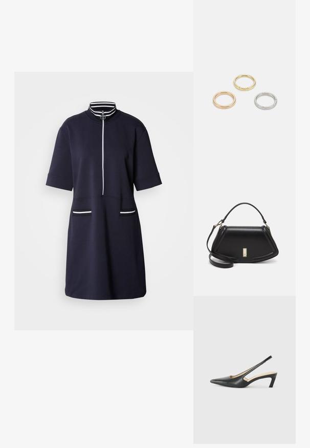 Robe bleu marine à manches courtes avec un col montant et une fermeture éclair à l'avant. Présente des accents à rayures blanches sur le col et deux poches avant.; Slingback noir à bout pointu avec un petit talon, en cuir lisse et doté d'un design découpé sur le côté pour plus de respirabilité.; Sac à main en cuir noir avec un design structuré, featuring une forme cropped, une poignée supérieure et des accents en matériel doré. Bandoulière réglable incluse.; Trois anneaux en métal : un en or rose, un en or avec des accents texturés, et un en argent, tous avec une gravure de marque à l'intérieur de la bande.