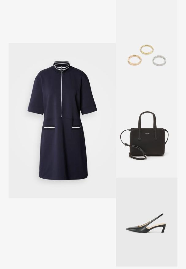 Navy short-sleeve dress with a high collar and front zipper. Features white striped accents on the collar and two front pockets.; Black pointy-toed slingback shoe with a low heel, featuring smooth leather material and cut-out design on the side for breathability.; Black handbag with dual short handles and a removable shoulder strap. Smooth leather-like material with a zip closure and logo detail.; Three metal rings: one rose gold, one gold with textured accents, and one silver, all with engraved branding on the inner band.