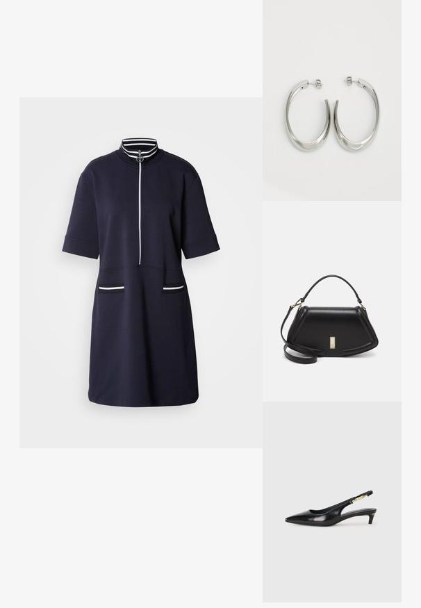 Abito blu navy a maniche corte con colletto alto e zip frontale. Presenta dettagli a strisce bianche sul colletto e due tasche frontali.; Tacchi slingback in pelle nera con punta affusolata, caratterizzati da un tacco alto e un accento dorato sulla cinghia regolabile. Texture liscia.; Borsa a mano in pelle nera con un design strutturato, caratterizzata da una forma corta, manico superiore e accessori in metallo dorato. Inclusa tracolla regolabile.; Orecchini a cerchio argentati con un design liscio e curvo. Presentano una finitura metallica lucida e una chiusura a perno. Nessun motivo o accentuazione visibile.