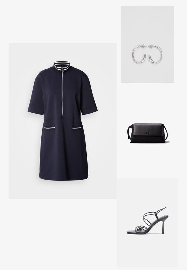 Vestido corto de manga corta en color azul marino con cuello alto y cremallera frontal. Presenta acentos de rayas blancas en el cuello y dos bolsillos frontales.; Las sandalias negras de tacón alto presentan finas correas con un diseño anudado, una punta cuadrada suave y un elegante tacón de aguja.; Bolso clutch de cuero negro con forma rectangular, textura suave, cierre plano y un pequeño asa en el lateral. Presenta un sutil logo.; Aros de plata en forma de aro con un acabado liso y brillante. Diseño redondeado y ligero, con cierre de tipo post-back.
