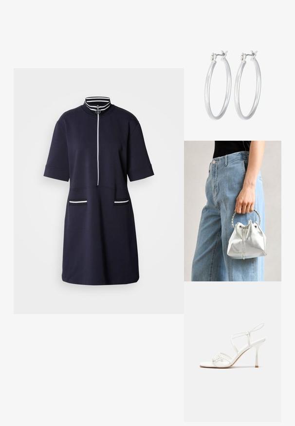 Jūros karinių jūrų pajėgų trumpomis rankovėmis suknelė su aukštu apykakle ir priekiniais užtrauktukais. Su baltomis juostelėmis apykaklėje ir dviem priekinėmis kišenėmis.; Baltas dirželis su aukštu kulnu sandalai su plokščiu pirštu, tekstūruota priekinė dalis su susiraukšlėjimais ir plonas kulkšnies dirželis.; Metalinis sidabrinis kibirėlis su tekstūruota apdaila, papuoštas sidabriniu apvaliu rankeniu ir raišteliu, laikomas prieš šviesiai mėlynus džinsus.; Sidabriniai auskarai su sklandžiu, poliruotu paviršiumi. Apvalios formos ir saugus uždarymo mechanizmas. Lengvas dizainas, tinkantis kasdieniam dėvėjimui.