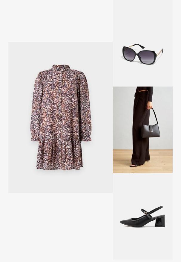 Leopardmønstret kjole med krage, knaplukning fortil, lange puffærmer og lagdelt flæsekant. Fremstillet af letvægtsstof i pink og marineblå.; Sorte lakk lær slingback hæler med spiss tå, et avrundet utskjæringsdesign og blokkheel. Har en gulltone spenne som detalj.; Sorte oversized solbriller med gradient linser, tykke rammer og detaljering med gulltonekjede på tempelarmene.; Svart håndveske med strukturert form, jevn tekstur og metallisk lås. Kombinert med brede svarte bukser og sandaler med åpen tå på tregulv.