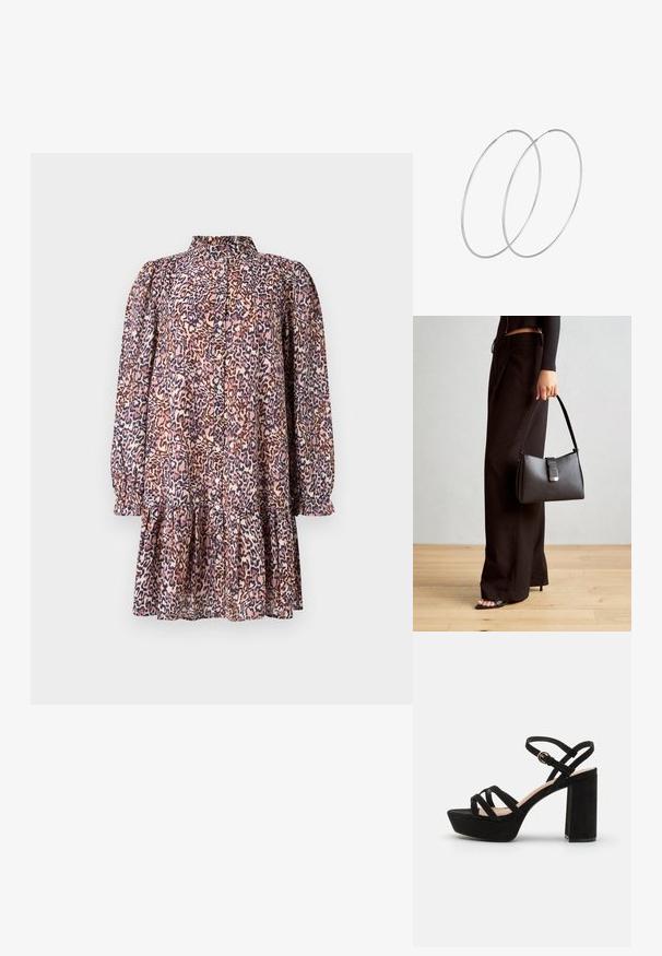 Leopardo rašto suknelė su apykakle, sagų priekyje, ilgomis pūstomis rankovėmis ir daugiapakopiu volanu. Pagaminta iš lengvos medžiagos rožinės ir tamsiai mėlynos spalvų.; Juodos zomšinės platformos šlepetės su storu kulnu, turinčios kryžminius įtempimo dirželius ir sagtimi reguliuojamą kulkšnies dirželį saugiam prigludimui.; Juodas rankinė struktūrizuota forma, lygi tekstūra ir metalinis užsegimas. Suporuota su plačiomis juodomis kelnėmis ir atvirais bateliais ant medinių grindų.; Sidabrinės pusmėnulio auskarai minimalistiniu dizainu. Apskritimo forma, lygus paviršius ir plonas profilis. Lengvi su poliruotu apdailu.