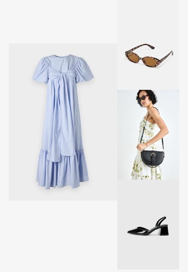 Világoskék pamutruha puffos ujjakkal, hátra kötős részlettel és fodros, réteges szegéllyel. Simább textúrával és laza fazonnal rendelkezik.; Fekete lakk bőr szandálkés magas sarkú cipő, hegyes orral és geometrikus tömbsarkakkal. Karcsú, minimalista dizájn és sima textúra jellemzi.; Teknősbéka mintás napszemüveg, ovális lencsékkel, barna árnyalatú, vékony karokkal, amelyek texturált mintával rendelkeznek, könnyű műanyag keret.; Fekete bőrtáska ívelt formával, levehető pánttal és arany színű fémrészekkel. A táskán egy csattal díszített fedél található.