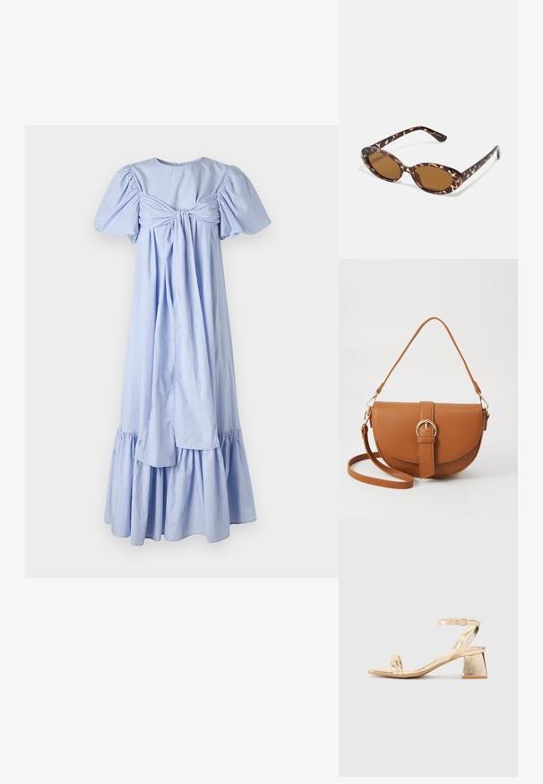 Világoskék pamutruha puffos ujjakkal, hátra kötős részlettel és fodros, réteges szegéllyel. Simább textúrával és laza fazonnal rendelkezik.; Arany színű fémtalpú szandál sarokkal, éles szögletű blokk sarkal, két pánttal a lábfej fölött és állítható boka pánttal. Simaság jellemzi.; Teknősbéka mintás napszemüveg, ovális lencsékkel, barna árnyalatú, vékony karokkal, amelyek texturált mintával rendelkeznek, könnyű műanyag keret.; Barna bőr keresztbody táska ívelt formával, aranyszínű fémrészekkel és csat díszítéssel. Levehető vállpánttal rendelkezik.