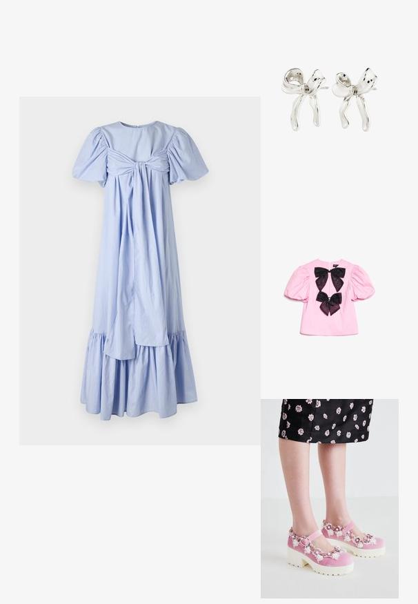 Robe en coton bleu clair avec des manches bouffantes, un détail à nouer dans le dos et un ourlet à volants en niveaux. Présente une texture lisse et une coupe décontractée.; Blouse rose à manches courtes avec des manches bouffantes et deux grands nœuds noirs au centre devant, chacun orné d'un petit bijou décoratif.; Des chaussures Mary Jane en velours rose avec des semelles plates blanches, ornées d'appliqués floraux et de détails en dentelle autour de l'ouverture et de la bride à la cheville.; Boucles d'oreilles en argent en forme de arc avec une finition polie. Comprend une surface texturée et un design courbé, avec un fermoir à tige.