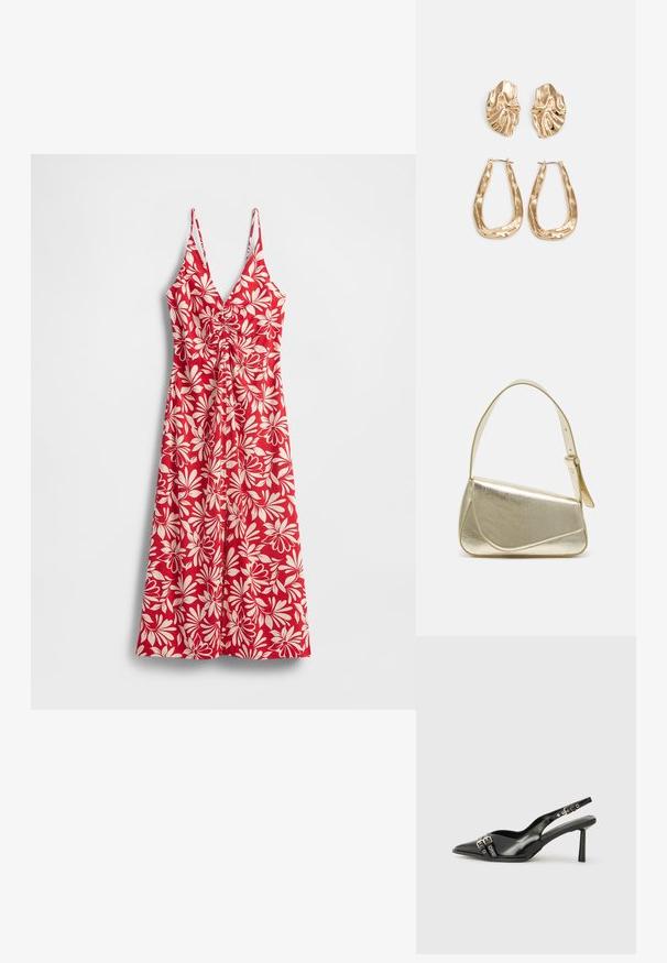 Rød blomsterkjole med hvide bladmotiver, V-udskæring, justerbare spaghetti-stropper, taljeret, og flydende skørt.; Sorte patenterede læderslagback sko med spids tå, ankleremme med sølvspænder og hardware samt en slank hæl.; Guldmetallisk håndtaske med et struktureret design, glat tekstur og justerbar rem. Har en unik trekantet form og minimalistisk syning.; Guldtonede øreringe med teksturerede, bølgede former. Inkluderer skulpturelle clips og en åben ringdesign med en hamret finish.