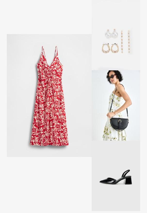 Abito rosso con motivi floreali bianchi a foglie, scollatura a V, spalline sottili regolabili, vita aderente e gonna fluente.; Décolleté in vernice nera con punta affusolata e tacco in geometria cubica. Presentano un design elegante e minimalista, con una texture liscia.; Borsa a tracolla nera in pelle con una forma curva, manico rimovibile e accessori dorati. La borsa presenta una patta con un dettaglio a fibbia.; Tre paia di orecchini: grandi orecchini a perla bianca a bottone, orecchini a cerchio in oro con gemme trasparenti, e due orecchini d'accento d'oro lunghi e dritti con dettagli scintillanti.