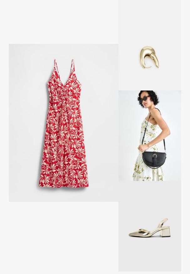 Rød blomsterkjole med hvide bladmotiver, V-udskæring, justerbare spaghetti-stropper, taljeret, og flydende skørt.; Guld, metalliske slingback-hæle med spids tå og kraftig hæl. Glat tekstur, minimalistisk design og en smal strop.; Sort læderhåndtaske med en buet form, aftagelig rem og guldfinish. Tasken har en klap med en spænde detalje.; Guldtonet metal ørering med et slankt, buet design. Har en karakteristisk spids form, poleret overflade og hængselåbning.