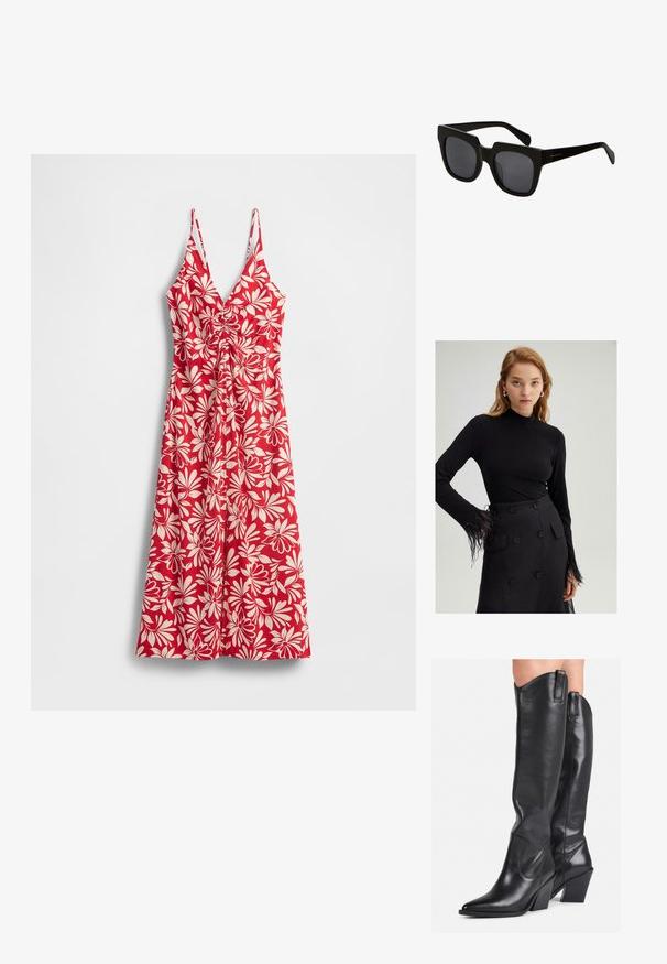 Rød blomsterkjole med hvide bladmotiver, V-udskæring, justerbare spaghetti-stropper, taljeret, og flydende skørt.; Sort langærmet top med høj hals og fjerprydede manchetter, parret med en højlysta sort nederdel med store knapper.; Sorte knæhøje læderstøvler med spids tå, struktureret finish og chunky hæl. Har sidegreb og subtile syningsdetaljer.; Sorte rektangulære solbriller med tykke plastiskrammer og mørke linser. Bøjlerne er slanke med en blank finish og minimal branding.; Sort læderhåndtaske med et buet design, guldfarvet hardware og en øverste håndtag. Har en strømlinet lukning og en glat tekstur.