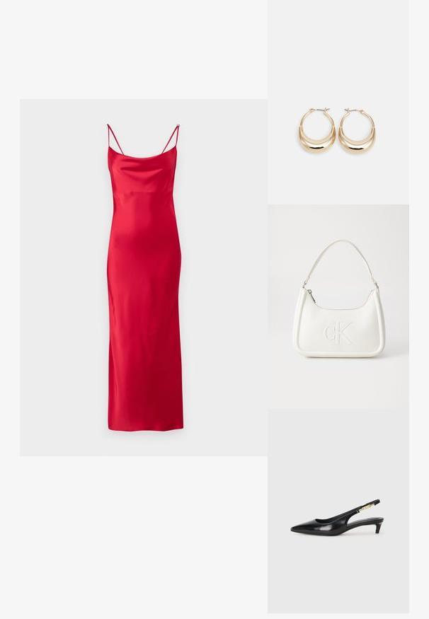 HUGO KAPARTI - Kokteiļkleita/ballīšu kleita - medium red; Melnas ādas slingback zābaki ar smailu purngalu, ar šauru papēdi un zelta krāsas akcentu uz regulējama siksniņas. Gluda tekstūra.; Balta ādas rokassoma ar noapaļotu formu, uz kuras priekšpuses ir izgriezts "CK" logo un viena plecu siksna. Augšā aizverama ar rāvējslēdzēju.; Zelta tonis apļveida auskari ar pusmēness formu, pulētu virsmu un lūka aizdari. Gluda tekstūra un spīdīga apdare uzlabo redzamību.