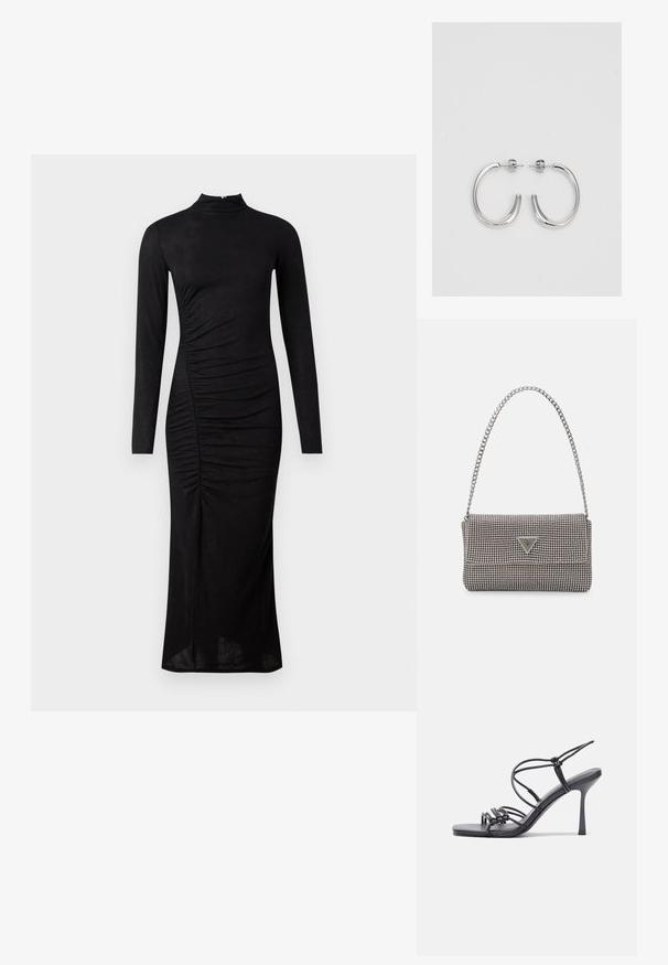 Crna haljina dugih rukava s visokim ovratnikom, nabranim detaljima sa strane i ravnim siluetom, izrađena od glatkog, rastezljivog materijala.; Crne sandale na visokoj potpetici imaju tanke trake s čvorastim dizajnom, glatki kvadratni vrh i elegantnu stiletto petu.; Svijetlosivi metalik ruksač s lancem, ukrašen malim okruglim metalnim zakovicama i trokutastim logotipom marke.; Srebro naušnice u obliku prstena s glatkom, sjajnom završnom obradom. Zaobljenog oblika, laganog dizajna, s kopčom na poleđini.