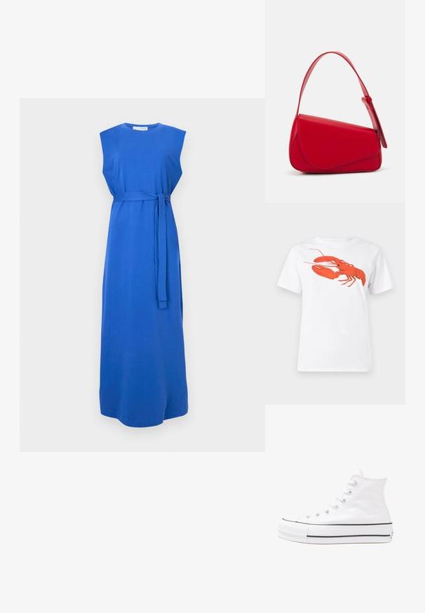 Zila, bezpiedurkņu maksi kleita, kas izgatavota no mīksta auduma. Tai ir pieguļošs viduklis ar sasietu jostu, gluda tekstūra un vienkārša, eleganta silueta.; Balta kokvilnas T-krekls ar lielu, spilgti sarkanu omāru grafiku uz priekšu. Īsas piedurknes un standarta apļveida kakla dizains.; Balti augstie kanvas sporta apavi ar melnu gumijas zoli, priekšējo gumijas purngalu un sešām acīm lencēm, kuriem ir tīrs, minimālistisks dizains.; Sarkans ādas rokassomi ar stūrainu, ģeometrisku dizainu. Iekļauj vienu regulējamu siksnu un vāku ar izšūtu detaļu.