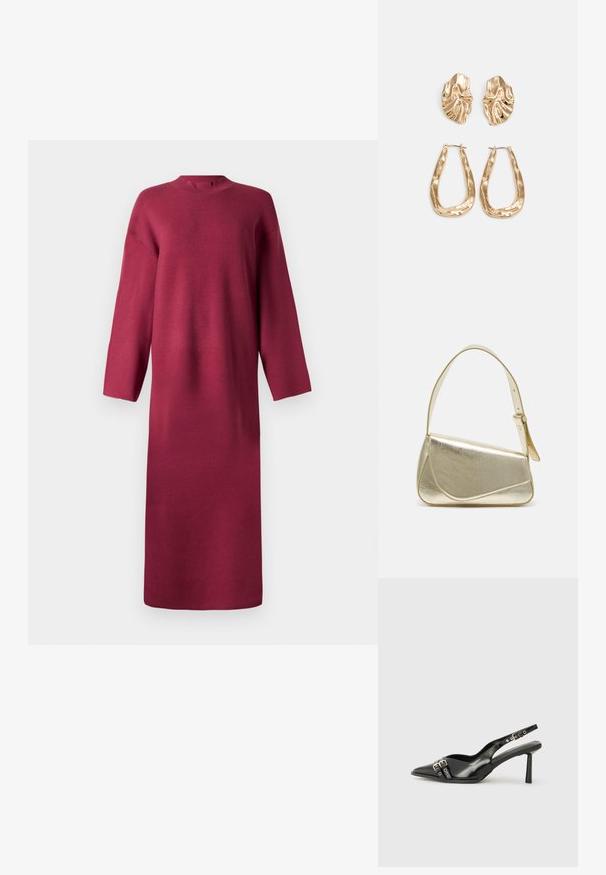 Burgundska dolga pulover obleka z visokim ovratnikom, ohlapen kroj in ravna silhueta, z mehko teksturo in brez vidnih zakov. ; Črne patentne usnjene sandale s koničastim nosom, zankami okoli gležnja s srebrnimi sponkami in opremo ter vitkimi petami.; Zlata metalna torbica z urejenim dizajnom, gladko teksturo in nastavljivim trakom. Ima edinstveno trikotno obliko in minimalistično šivanje.; Zlato obarvani uhani z teksturiranimi, valovitimi oblikami. Vključujejo skulpturalne sponke za ušesa in odprto obliko obročka s kladivastim finišem.