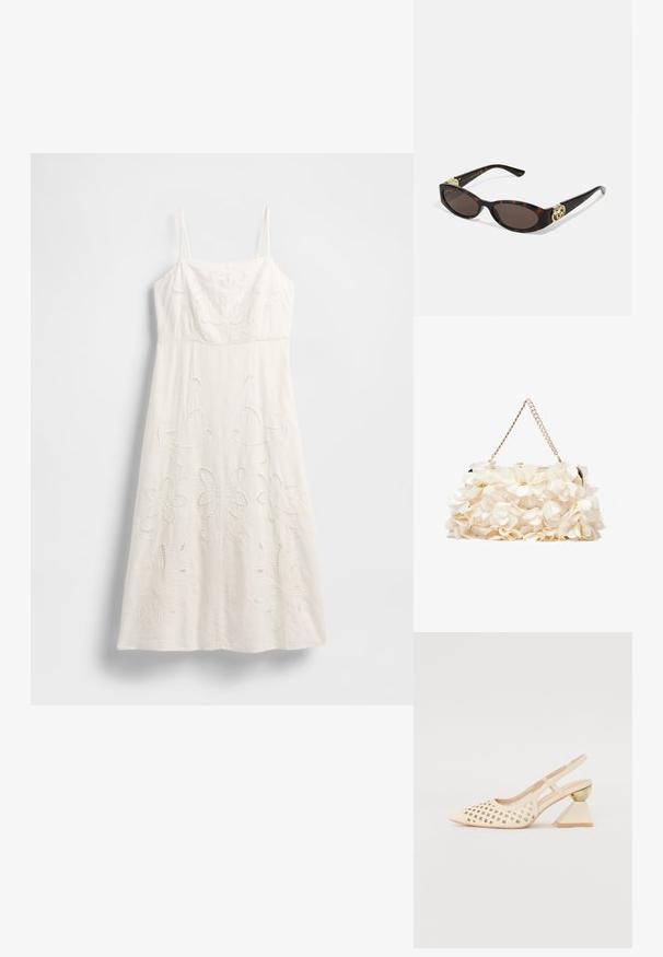 Hvit knelang kjole med tynne stropper, blomsterbroderi og utskjæringsdetaljer. Laget av lett stoff med en flytende silhuett.; Beige slingback sko med perforert overdel, spiss tå og en kontrasterende trekantet hæl med gullakksent. Generelt glatt tekstur.; Skilpadde-solbriller med avlange ovale linser, brun tint, gull-logo aksenter på stengene og elegante svarte armer.; Hvit blomsterhåndveske med en samlet stoffoverflate, gullfarget kjedehank og metallklips. Har teksturerte kronblader for ekstra detalj.