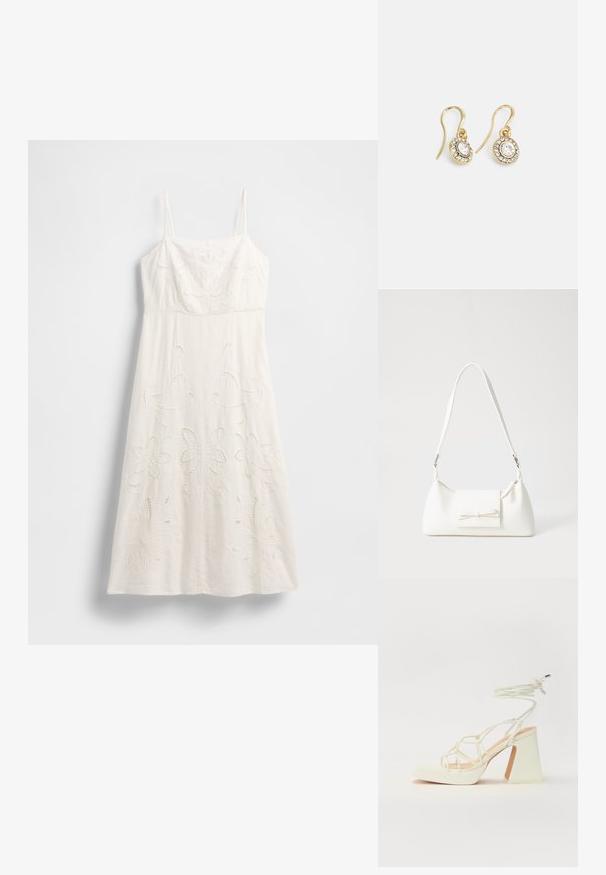 Biele šaty po kolená s tenkými ramienkami, kvetinovou výšivkou a vyrezanými detailmi. Vyrobené z ľahkej látky s voľným strihom.; Biele sandále na vysokom opätku s hrubým podpätkom, s pruhovaným dizajnom a viazaním na členku. Hladký povrch s platformou vpredu pre zvýšenú výšku.; Biela syntetická kabelka s trojuholníkovým tvarom, plochým predným klapkou a detailom mašle, nastaviteľným popruhom, hladkou textúrou a minimalistickým dizajnom.; Náušnice zlatého odtieňa s oválnymi čírymi kryštáli obklopenými menšími čírými kameňmi, s háčikovým dizajnom pre bezpečné nosenie.