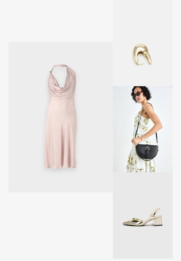 Ujjatlan rózsaszín ruha drapírozott, csepp alakú nyakkivágással, sima anyagból, nyakán egy apró díszítéssel, ami bővülő zsákvonalban végződik.; Arany, fémből készült slingback sarkú cipők hegyes orral és vastag sarokkal. Simaság, minimalista design és keskeny pánt jellemzi.; Fekete bőrtáska ívelt formával, levehető pánttal és arany színű fémrészekkel. A táskán egy csattal díszített fedél található.; Aranyszínű fém fülbevaló, elegáns, ívelt formával. Különleges hegyes alak, fényes felszín és zsanéros záródás jellemzi.