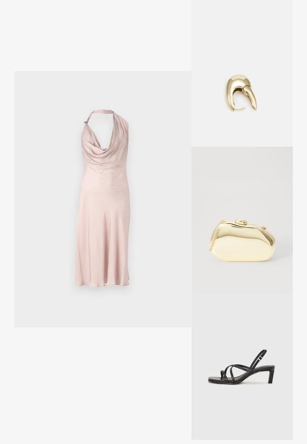 Ružová šaty bez rukávov s drapovaným okrajom, hladká látka a malý akcent na krku, padajúce do rozšíreného lemu.; Čierne sandále na vysokom podpätku so štvorcovou špičkou a nízkym blokovým podpätkom. Obsahujú viacero tenkých popruhov a nastaviteľný členkový popruh. Vyrobené z hladkej kože.; Kovová zlatá kabelka s hladkým, zaobleným tvarom, ktorá má horné zapínanie na gombík a malý reťazový popruh na nosenie.; Náušnice z kovu v zlatej farbe s elegantným, zakriveným dizajnom. Majú charakteristický špicatý tvar, leštený povrch a uzáver na pánt.