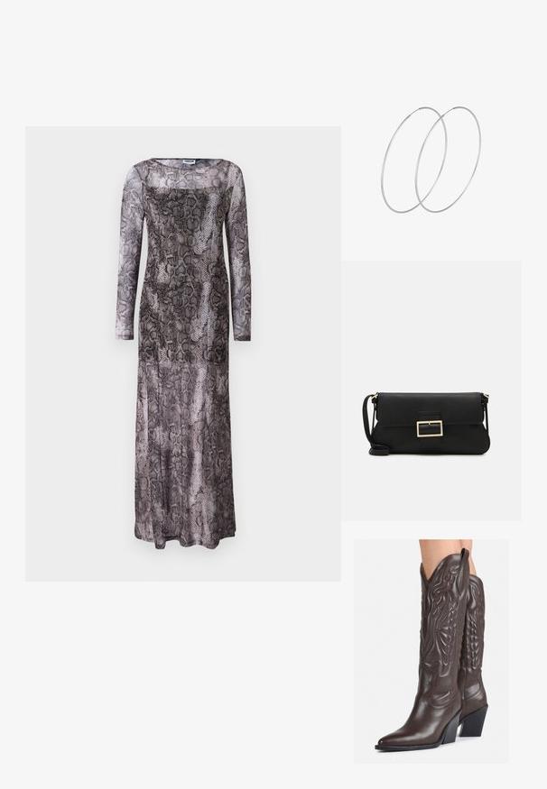 Dolga obleka z dolgimi rokavi do tal v vzorcu kače; ima prosojno tkanino v odtenkih sive in črne, s kvadratnim izrezom.; Rjave usnjene kavbojske čevlje z ostrim nosom in blok peto, ki vsebujejo podrobno šivanje in dvignjene dodatke na zgornjem delu.; Črna usnjena torbica na preklop z zlato kovinsko zaponko. Vključuje črn trak in eleganten, minimalističen dizajn.; Srebrne uhane v obliki obroča z minimalističnim dizajnom. Krožna oblika, gladka tekstura in tanek profil. Lahki s poliranim zaključkom.