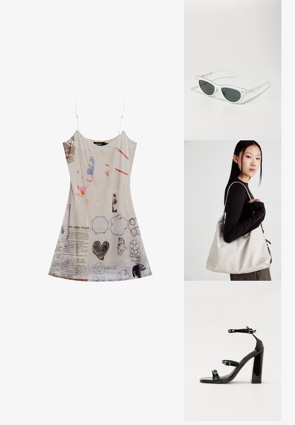 Sukienka na cienkich ramiączkach z przezroczystego białego materiału, z mieszanymi grafikami, szkicami i tekstem. Luźny krój, długość do kolan i zwiewny fason.; Czarne lakierowane sandały na obcasie z kwadratowym noskiem, z paskami wokół kostki i srebrnymi klamrami. Posiadają masywny słupek dla stabilności.; Białe okulary przeciwsłoneczne w kształcie kociego oka z ciemnymi soczewkami, złote akcenty na oprawie oraz logo na boku. Gładki materiał plastikowy.; Beżowa torebka wykonana z miękkiego materiału, charakteryzująca się luźnym fasonem, wyszywanymi detalami i dwoma uchwytami na ramię. Idealna na co dzień.
