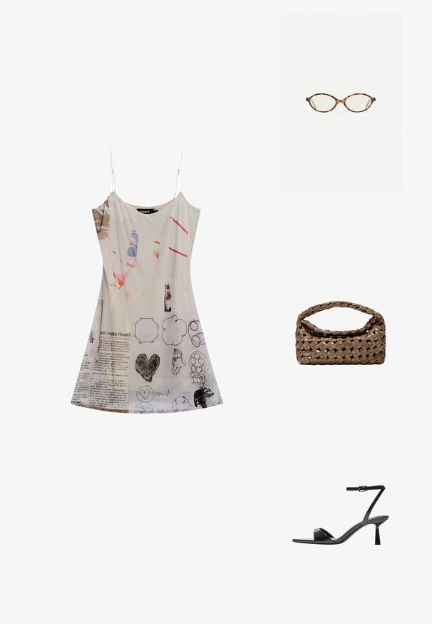 Spaghettiträgerkleid aus transparentem weißen Stoff mit gemischten grafischen Drucken, Skizzen und Text. Lockere Passform, knielanger Schnitt mit fließender Form.; Bershka High Heel Sandalette - black; Schildpatt-Eyegläser mit ovalen Gläsern und einer eleganten, glatten Oberfläche. Mit dünnen Seiten und einer subtilen Kurve an den Schläfen. Klare Gläser.; Geflochtener brauner Handtasche in rechteckiger Form, mit strukturiertem Griff und texturierter Oberfläche. Verfügt über einen geschlossenen oberen Teil und ein ausgeklügeltes Geflechtmuster.