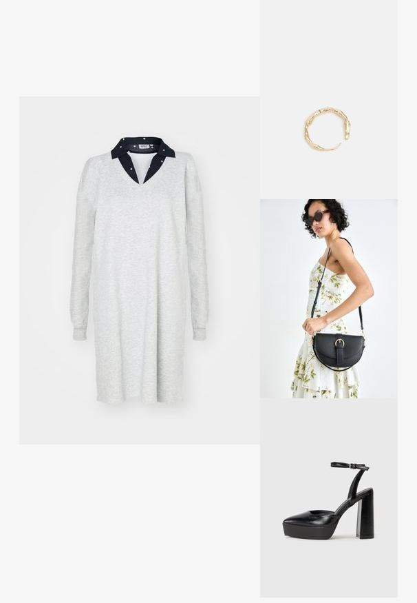 Hele halli pika varrukaga kleit V-kaelusega ja tumedast meresinisest kraest. Pehme tekstuur, lõdva istuvusega, lihtne disain, sobib igapäevaseks kandmiseks.; Mustad platvormi kontsad terava ninaga ja reguleeritava pahkluuraamiga. Valmistatud siledast nahast, funktsioneerib massiivse plokknäheeliga.; Mustmust mustraha kõverate joontega, eemaldatava rihmaga ja kuldsete detailidega. Kotil on klapp, millel on pandladetail.; Kuldtoonis sõrmus, millel on orgaaniline, keerdunud disain sileda tekstuuri ja kitsenevate otstega, luues kaasaegse skulptuurilise välimuse.