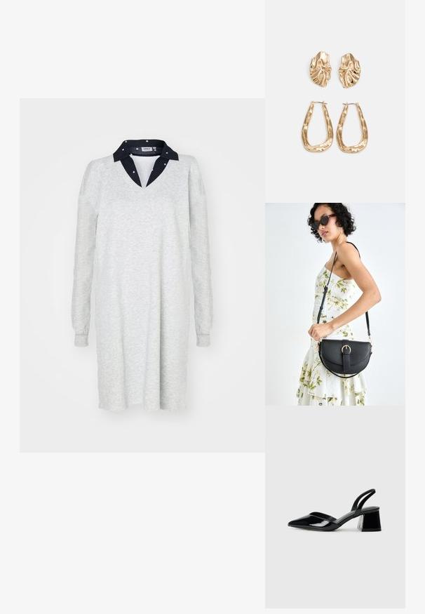 Rochie lungă cu mâneci lungi de culoare gri deschis, cu decolteu în V și guler de culoare albastru închis. Textură moale, croială lejeră, design simplu, potrivită pentru uz casual.; Pantofi cu toc slingback din piele lacuită neagră, cu vârf ascuțit și toc geometric. Prezintă un design elegant, minimalist și o textură netedă.; Geantă din piele neagră, cu o formă curbată, curea detașabilă și accesorii aurii. Geanta are un capac cu un detaliu tip cataramă.; Cercei aurii cu forme texturate și ondulate. Include studs sculpturale cu clip și un design de cerc deschis cu un finisaj cioplit.