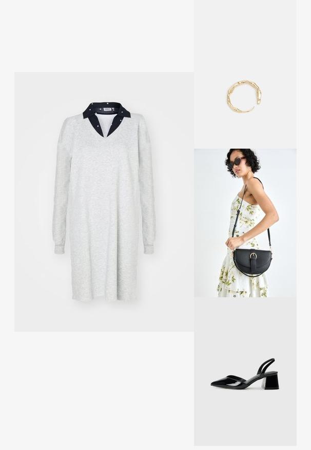 Svetlošedé dlhé rukávy šaty s výstrihom do V a tmavomodrým golierom. Mäkka textúra, voľný strih, jednoduchý dizajn, vhodné na neformálne nosenie.; Čierne lakované kožené sandálové podpätky s špicatou špičkou a geometrickým blokovým podpätkom. Disponujú elegantným, minimalistickým dizajnom a hladkým povrchom.; Čierna kožená kabelka s zaobleným tvarom, odnímateľným popruhom a zlatými doplnkami. Kabelka má klopu s detailom s prackou.; Prsteň v zlatej farbe s organickým, skrúteným dizajnom, hladkým povrchom a zužujúcimi sa koncami, vytvárajúci moderný, sochársky vzhľad.