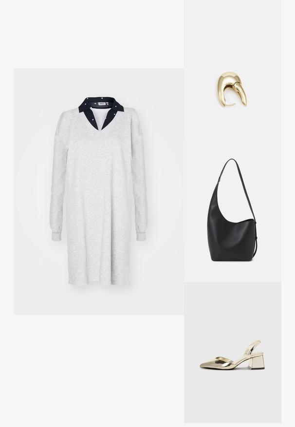 Rochie lungă cu mâneci lungi de culoare gri deschis, cu decolteu în V și guler de culoare albastru închis. Textură moale, croială lejeră, design simplu, potrivită pentru uz casual.; Pantofi cu toc slingback metalici aurii, cu vârf ascuțit și toc chunky. Textură netedă, design minimalist și o curea subțire.; Geantă hobo din piele neagră, cu o textură netedă, formă curbată și un singur bretele ajustabil; are o deschidere largă în partea de sus.; Cercei din metal de culoare aurie cu un design elegant și curbat. Prezintă o formă distinctivă, ascuțită, o suprafață lustruită și un sistem de închidere cu balama.