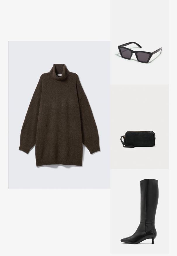 Przewymiarowany brązowy sweter z wysokim kołnierzem, opuszczonymi ramionami, prążkowanym kołnierzem oraz miękką, teksturowaną tkaniną. Prosty, luźny fason.; Zign - Kozaki; Czarne, kanciaste okulary przeciwsłoneczne z szarymi soczewkami; wykonane z plastiku, z grubymi zausznikami o gładkiej powierzchni i bez widocznych elementów metalowych.; Czarna zamszowa kopertówka z zapięciem na zamek i odpinanym paskiem na nadgarstek. Wyposażona w elementy w kolorze złotym oraz gładką, matową fakturę.