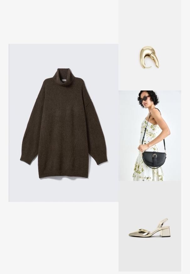 Üle mõõdu pruuni turtleneck-kampsuni, millel on langetatud õlad, sooniline kaelus ja pehme, tekstuuriga kangas. Lihtne, lõdvestunud disain.; Kuldne, metallilised slingback-kudumid terava varba ja paksu kontsaga. Sile tekstuur, minimalistlik disain ja kitsas rihm.; Mustmust mustraha kõverate joontega, eemaldatava rihmaga ja kuldsete detailidega. Kotil on klapp, millel on pandladetail.; Kuldtooni metallist kõrvarõngas, millel on elegantne ja kaarjas disain. Omab silmapaistvat teravat kuju, poleeritud pinda ja hingesulgemist.