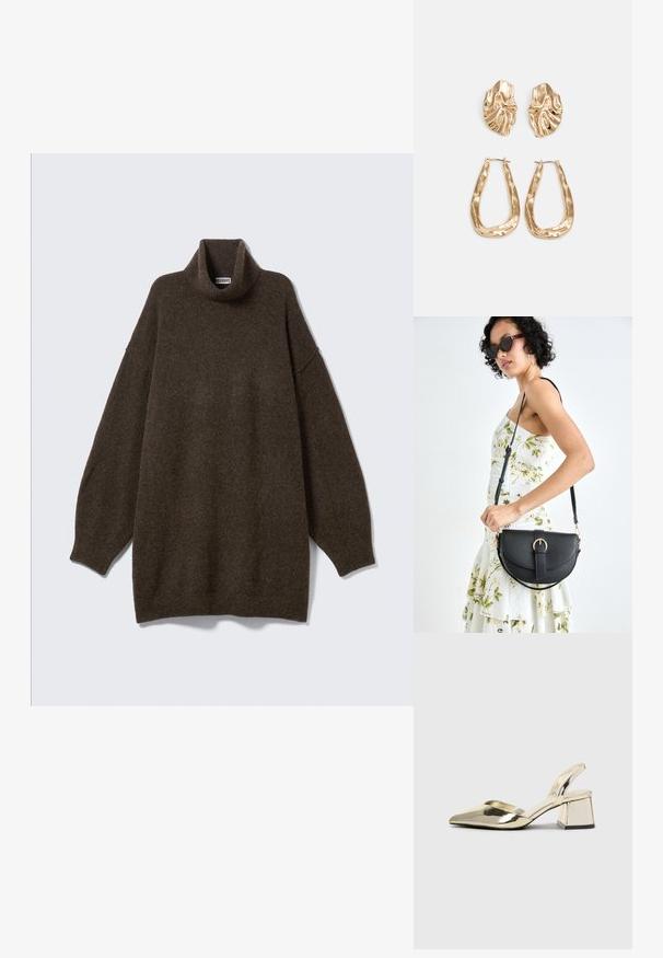 Übergroßer brauner Rollkragenpullover mit abgesenkten Schultern, geripptem Kragen und weichem, strukturiertem Stoff. Einfaches, entspanntes Design.; Goldene, metallische Slingback-Absätze mit spitzem Zeh und dicker Ferse. Glatte Textur, minimalistisches Design und ein schmaler Riemen.; Schwarze Lederhandtasche mit geschwungener Form, abnehmbarem Tragegurt und goldenen Beschlägen. Die Tasche verfügt über einen Deckel mit einer Schnallen-Details.; Ohrringe in Goldoptik mit strukturierten, gewellten Formen. Beinhaltet skulpturale Clip-Ohrringe und ein offenes Hoop-Design mit gehämmertem Finish.