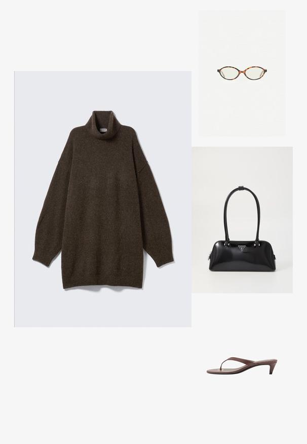 Übergroßer brauner Rollkragenpullover mit abgesenkten Schultern, geripptem Kragen und weichem, strukturiertem Stoff. Einfaches, entspanntes Design.; Braune, mit Absatz versehene Flip-Flop-Sandale mit einem schmalen Riemen und abgerundetem Zehensteg, der ein kleines goldfarbenes Akzent auf dem Fußbett aufweist.; Schildpatt-Eyegläser mit ovalen Gläsern und einer eleganten, glatten Oberfläche. Mit dünnen Seiten und einer subtilen Kurve an den Schläfen. Klare Gläser.; Schwarz glänzende Handtasche mit geschwungener Silhouette, zwei Griffen und einem Logo-Plakette auf der Vorderseite. Reißverschlussverschluss und glänzende Hardwareakzente.